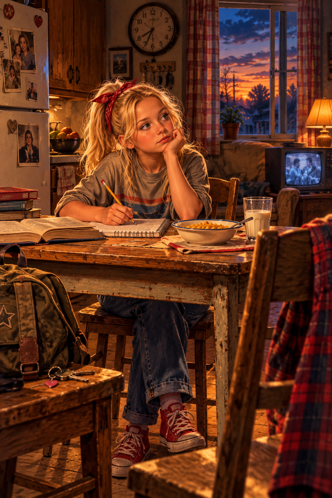 Dusk Homework in a Cozy Kitchen